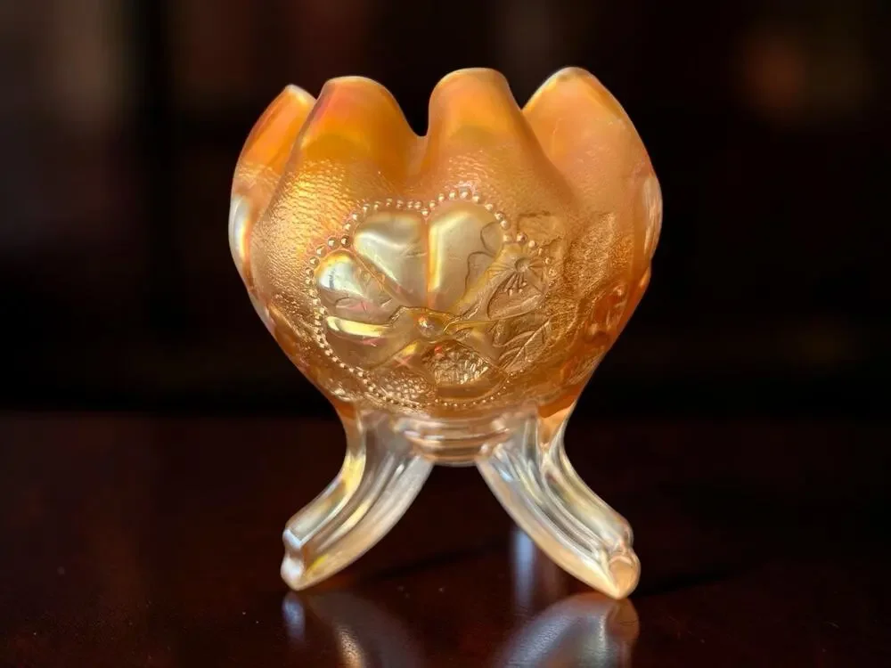 Vintage Northwood Daisy Plume Marigold Orange Carnival Glass Ruffled Rim Bowl